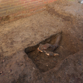 A photo taken from the Scenes of Crime Officer excavation. Notice the remnant tree root. This site was designed to underpin the garage and block roots from trees. The trees were cut down following an application for planning permission by Samuel, citing evidence from a surveyor that the roots were undermining the structural integrity of the garage.